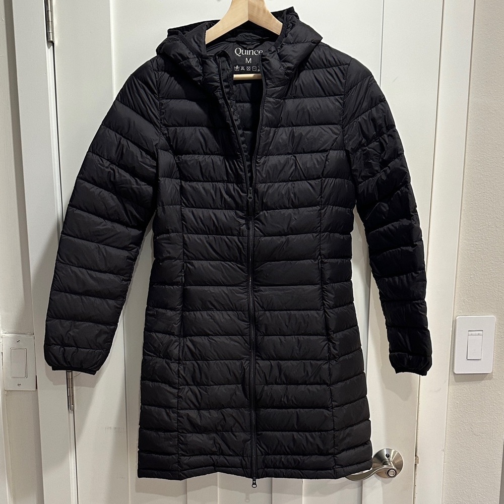Quince Lightweight Down Long Puffer Jacket in Black